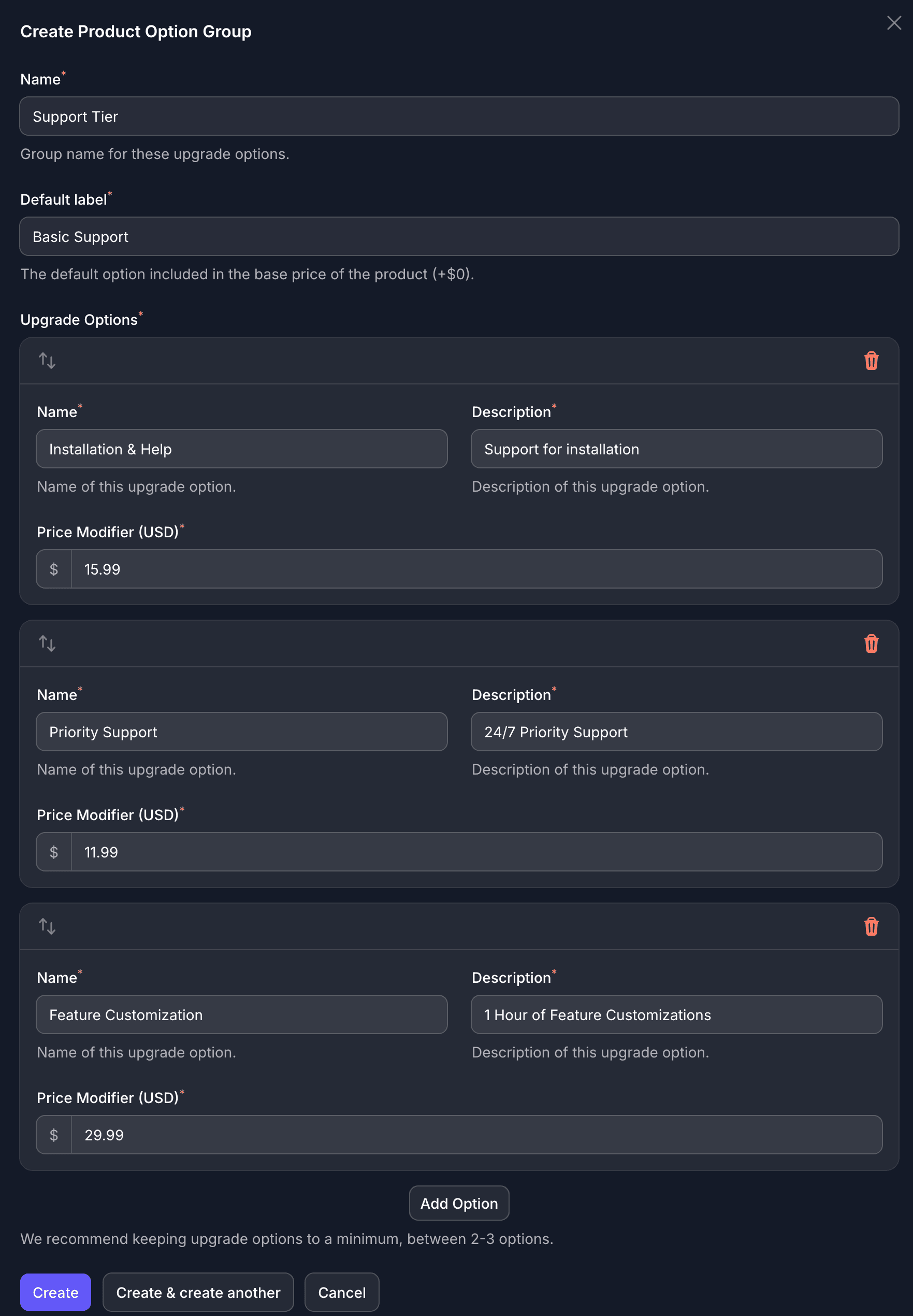 Creating an Option Group