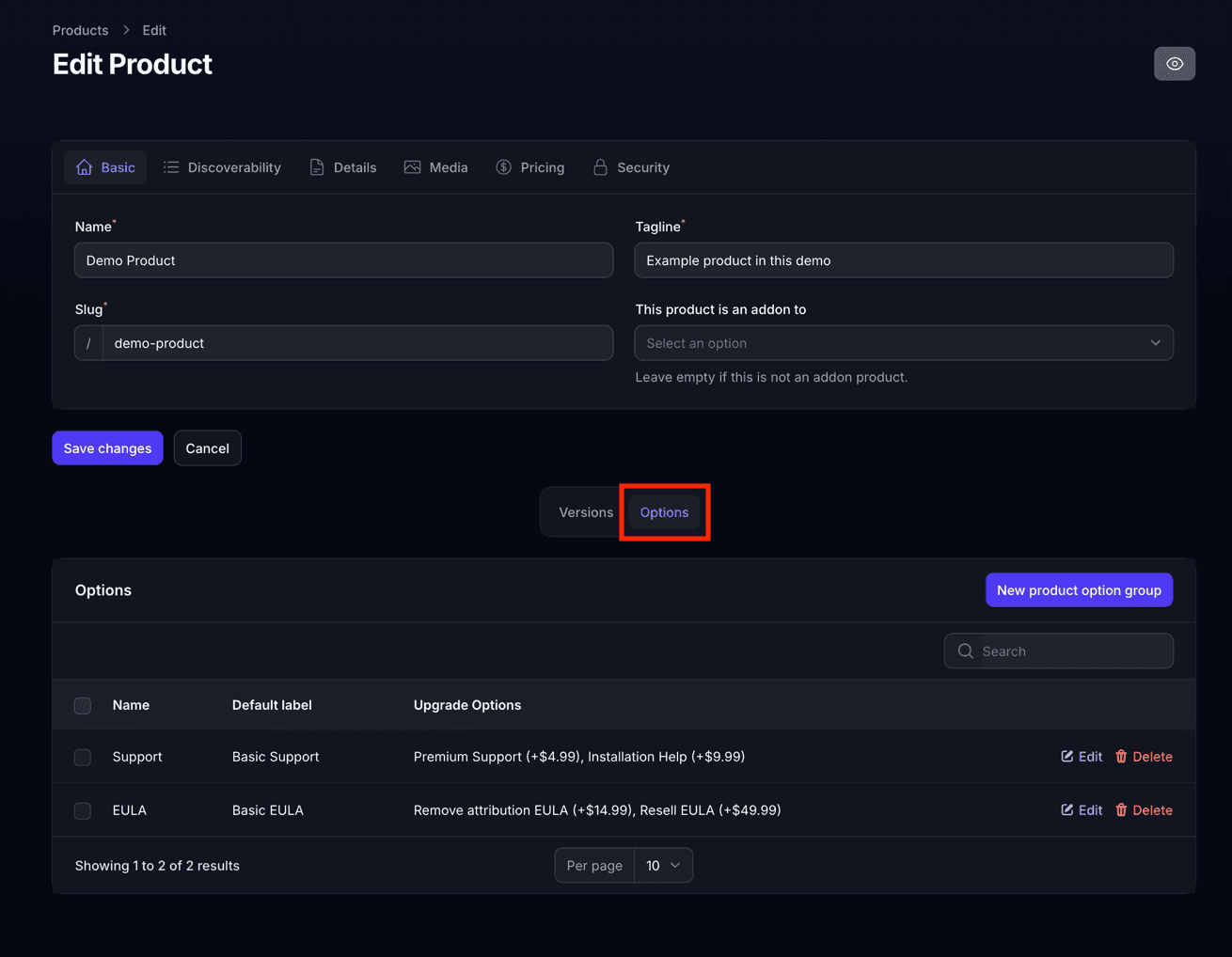 Options Tab in Product Edit View